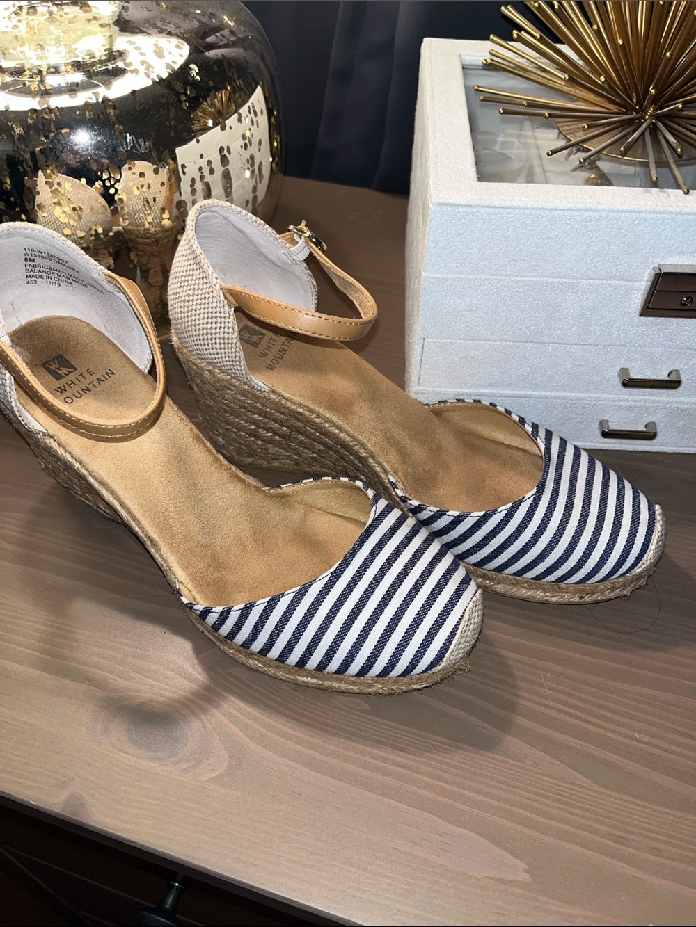 White Mountain Navy and White Striped Espadrille Wedge Sandals